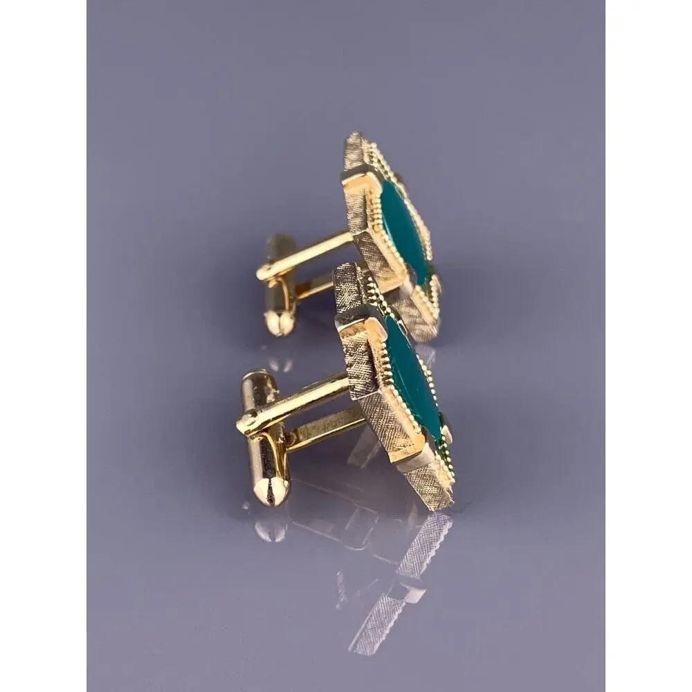 Green Jade Nephrite Stone Cufflinks Gold Plated Open Frame Square Swank Vintage